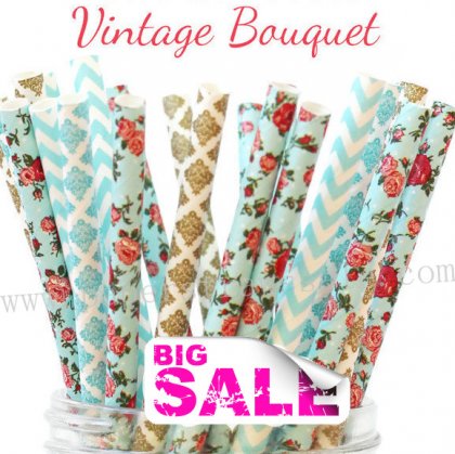 200pcs Vintage Bouquet Themed Paper Straws Mixed [themedstraws214]