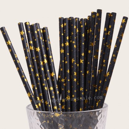 Assorted Star Paper Straws Black Gold Foil 500 pcs [foilstraws068]