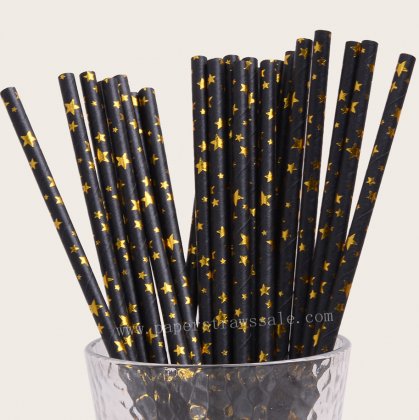 Assorted Star Paper Straws Black Gold Foil 500 pcs