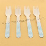 Wooden Forks Light Blue Zig Zag Printed 100pcs