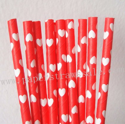 Red Paper Straws with White Heart 500pcs [npaperstraws110]