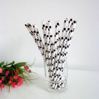 Black Polka Dot Printed White Paper Straws 500pcs [ppaperstraws010]