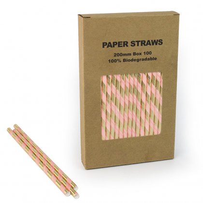 100 pcs/Box Gold Foil Light Pink Striped Paper Straws [pinnkgoldstraws100]