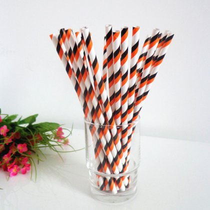 Double Orange and Black Striped Paper Straws 500pcs [spaperstraws018]