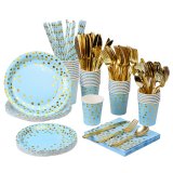 Disposable Gold Dot Light Blue Dinnerware Set Serves 25