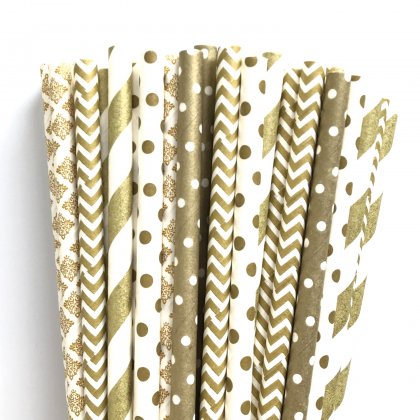 125 Pcs Mixed 5 Styles Gold Drinking Paper Straws