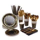 200 pcs Serves 25 Black Gold Foil Dot Tableware Set