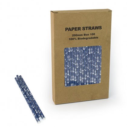 100 pcs/Box Navy Blue Anchor Paper Drinking Straws [anchorstraws100]
