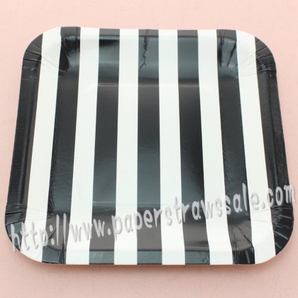 7" Black Striped Square Paper Plates 60pcs [spplates018]