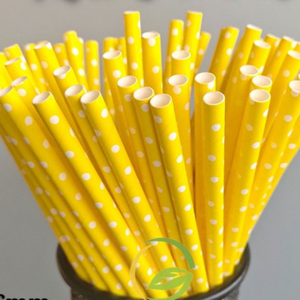 White Swiss Dot Yellow Paper Straws 500 Pcs