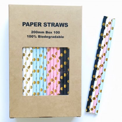 100 Pcs/Box Mixed Metallic Gold Foil Dot Colored Paper Straws