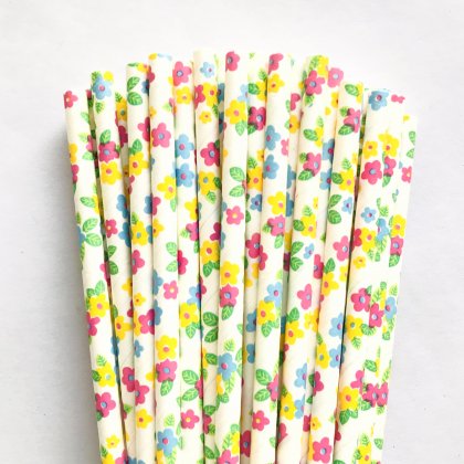 Blue Pink Yellow Flower Green Leaf Paper Straws 500 pcs