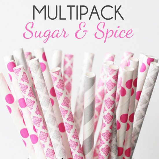 100 Pcs/Box Mixed Hot Pink Silver Sugar Spice Paper Straws - Click Image to Close