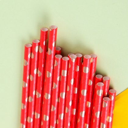 Metallic Rose Gold Polka Dot Red Paper Straws 500 pcs