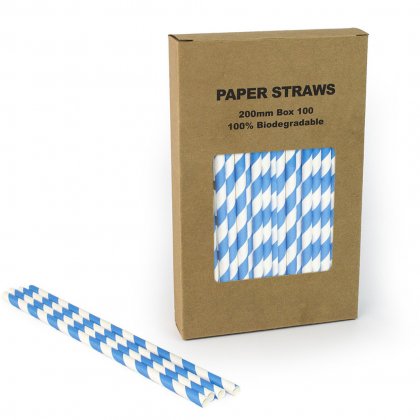100 pcs/Box Blue Striped Paper Drinking Straws [7689bluestripestraws100]