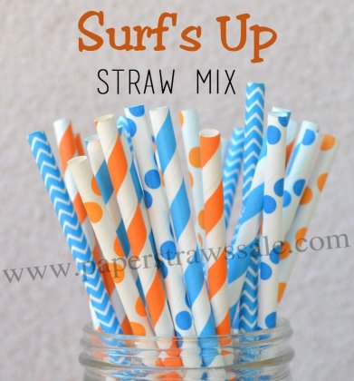 250pcs Surfs Up Blue Orange Paper Straws Mixed [themedstraws022]