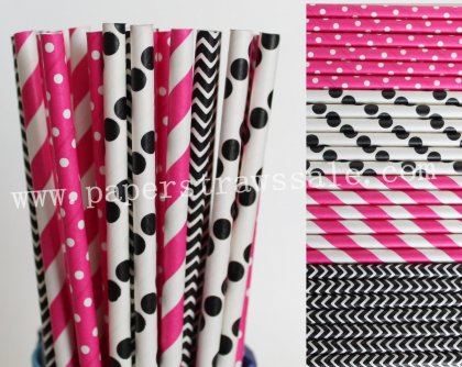 200pcs Deep Pink and Black Paper Straws Mixed [themedstraws235]