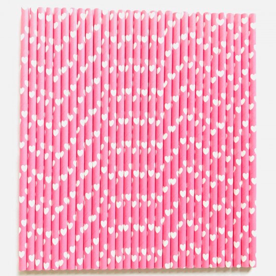 Hot Pink with White Heart Paper Straws 500 pcs - Click Image to Close