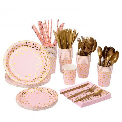 200 pcs Serves 25 Pink Gold Foil Dot Tableware Set