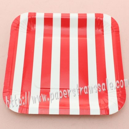 7" Red Striped Square Paper Plates 60pcs