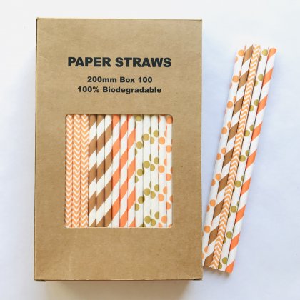 100 Pcs/Box Mixed Orange Brown Gold Autumn Blessings Paper Straw