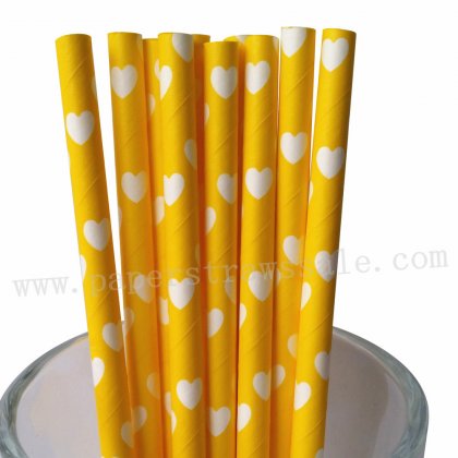 White Heart Print Yellow Paper Straws 500pcs