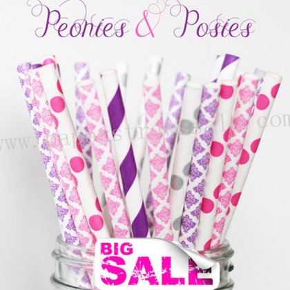 250pcs PEONIES & POSIES Themed Paper Straws Mixed [themedstraws197]