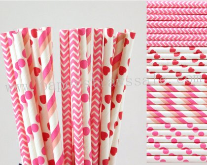 200pcs Hot Pink Themed Paper Straws Mixed