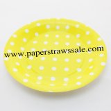 9" Yellow Round Paper Plates White Dot 60pcs