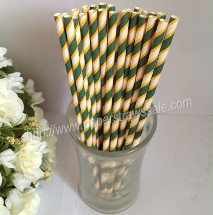 Dark Green and Thin Yellow Striped Paper Straws 500pcs [npaperstraws020]