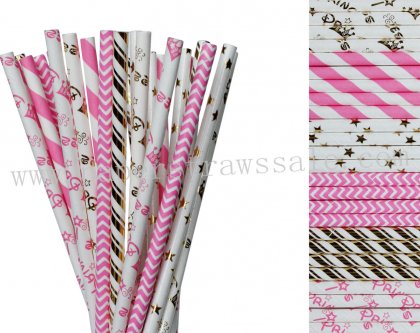 300pcs Hot Pink Gold Foil Paper Straws Mixed [themedstraws253]