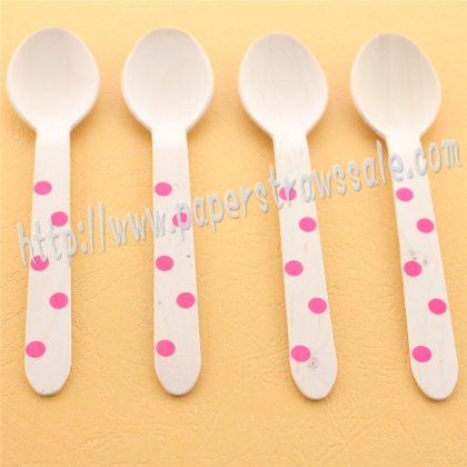 Hot Pink Polka Dot Print Wooden Spoons 100pcs [wspoons008]