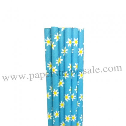 Daisy Flower Printed Blue Paper Straws 500pcs [dpaperstraws008]