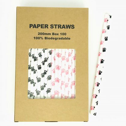 100 Pcs/Box Mixed Black Pink Paw Doggy Party Paper Straws