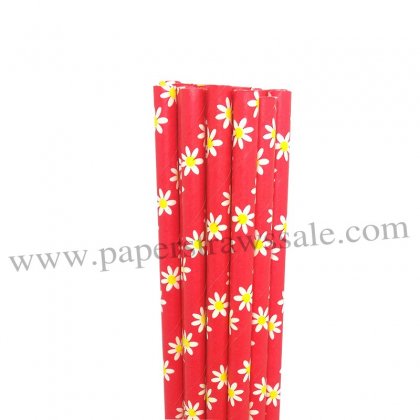 Red Paper Drinking Straws Daisy Printed 500pcs [dpaperstraws007]