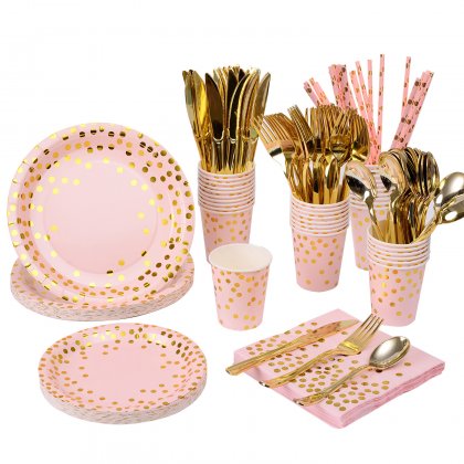 Disposable Gold Dot Light Pink Dinnerware Set Serves 25