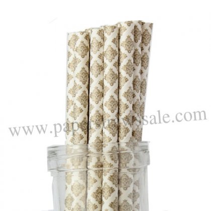 Paper Straws Gold Damask Printed 500pcs [dapaperstraws004]