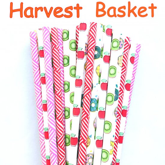 100 Pcs/Box Mixed Fruit Weave Donut Harvest Basket Paper Straws - Click Image to Close