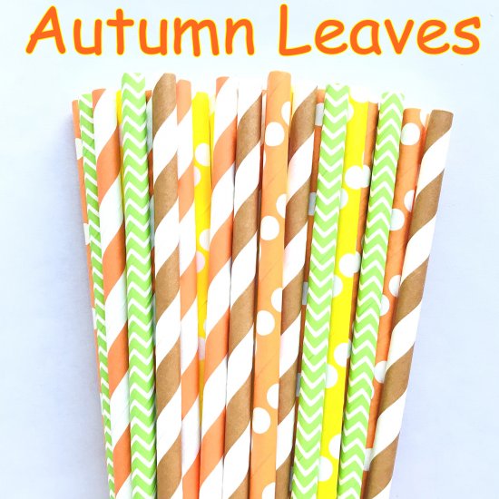 100 Pcs/Box Mixed Thanksgiving Fall Autumn Leaves Paper Straws - Click Image to Close