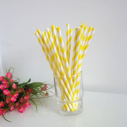 Yellow and White Striped Paper Drinking Straws 500pcs [spaperstraws013]