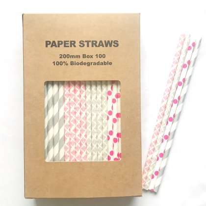100 Pcs/Box Mixed Hot Pink Silver Sugar Spice Paper Straws