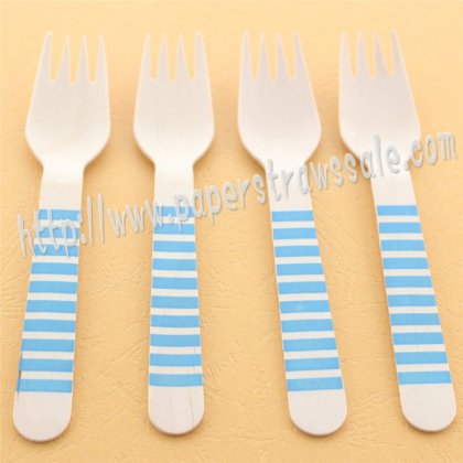 Wooden Forks Blue Striped Printed 100pcs [wforks016]