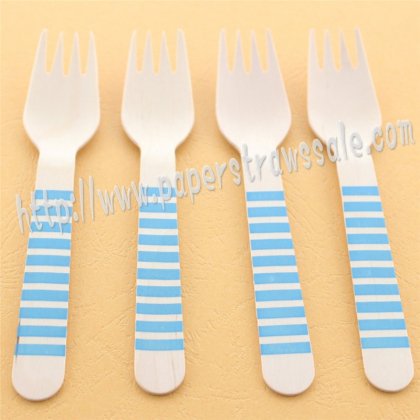 Wooden Forks Blue Striped Printed 100pcs