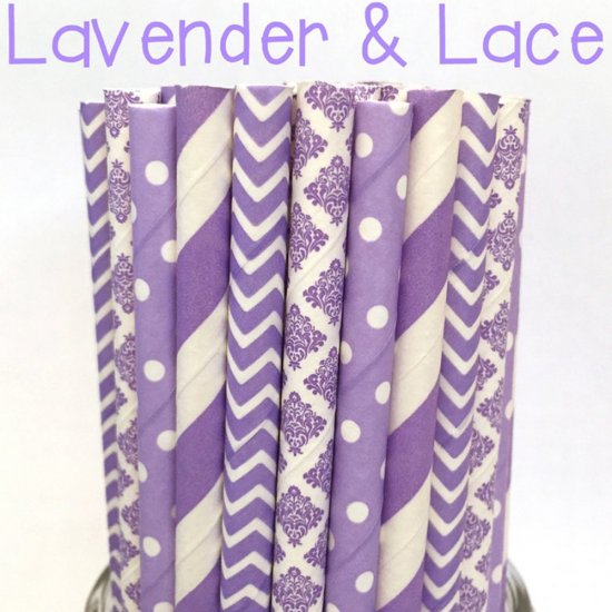 100 Pcs/Box Mixed Lilac Lavender Lace Paper Straws - Click Image to Close