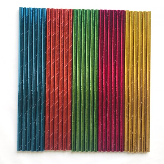 100 Pcs/Box Mixed Colorful Foil Metallic Rainbow Paper Straws - Click Image to Close