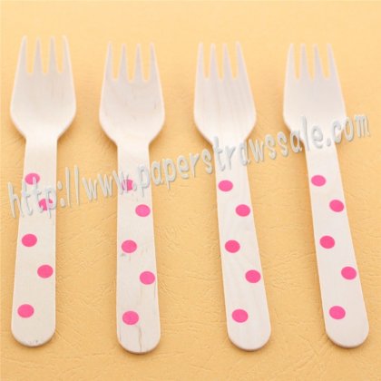 Wooden Forks Hot Pink Polka Dot Printed 100pcs [wforks008]