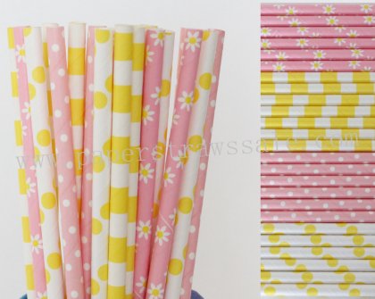 200pcs Pink and Yellow Party Paper Straws Mixed [themedstraws256]