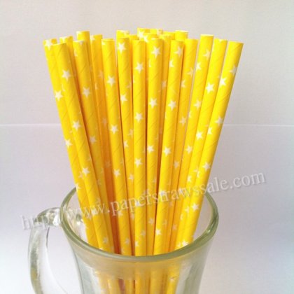 Yellow Paper Drinking Straws White Star 500pcs [stpaperstraws004]