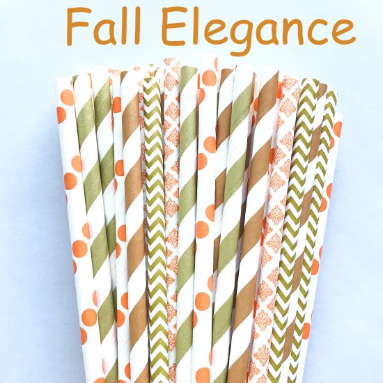 100 Pcs/Box Mixed Orange Brown Gold Fall Elegance Paper Straws - Click Image to Close