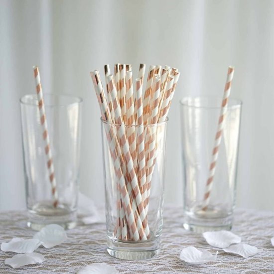 Metallic Foil Rose Gold Stripe Paper Straws Clearance - Click Image to Close